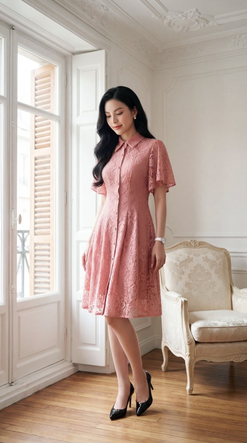 Sixdo Pink Lace Flared Dress